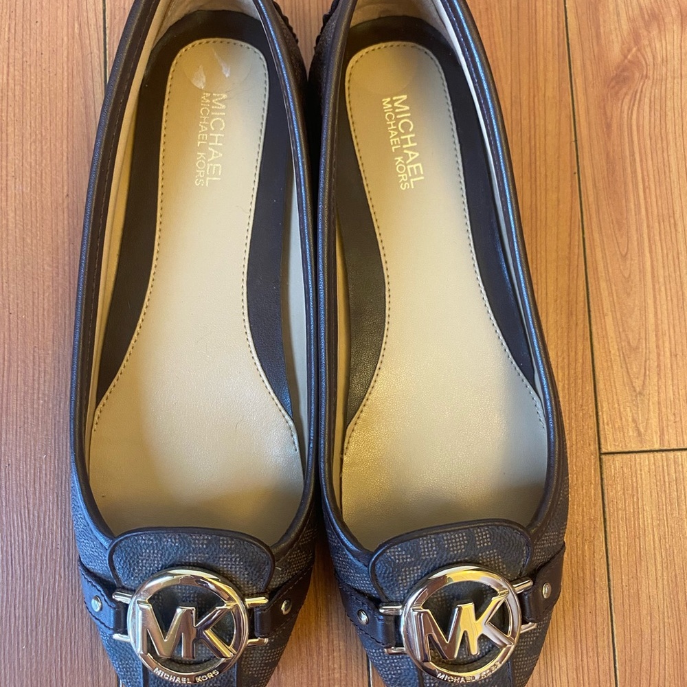 Michael Kors Black Leather Flats with Silver Logo